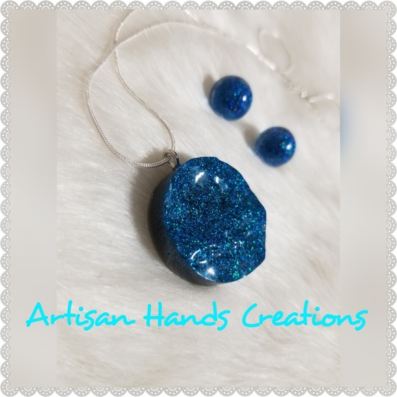 round pendant blue glitter earrings set - Picture 1 of 2